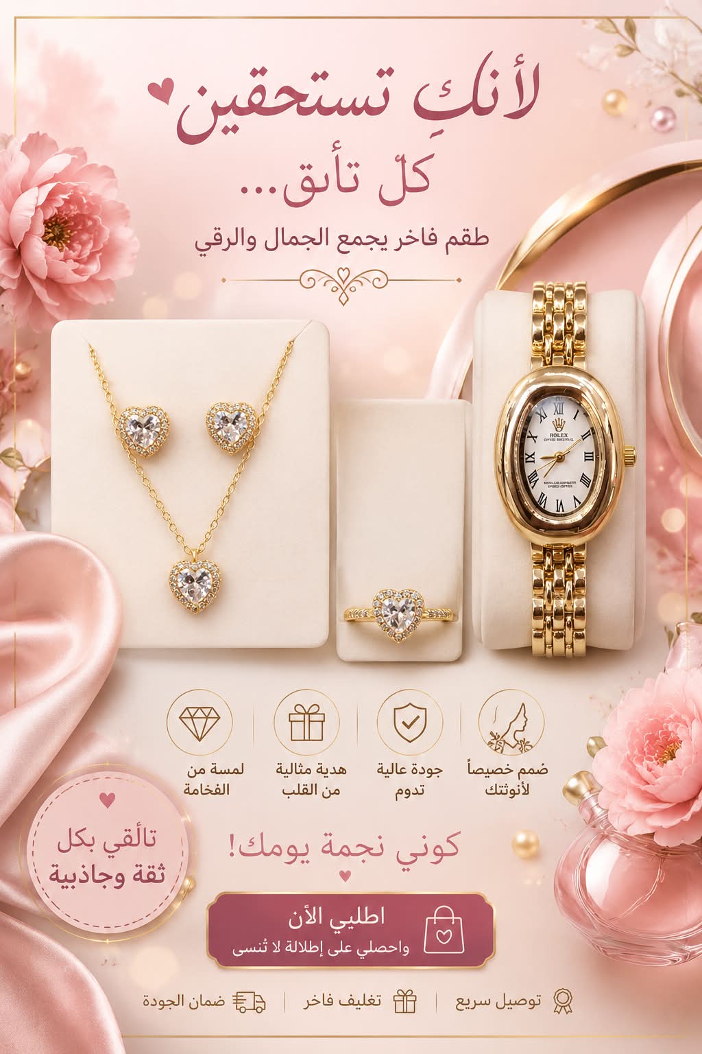 Parure Bijoux Femme Élégante – Collier, Bague & Montre Dorée