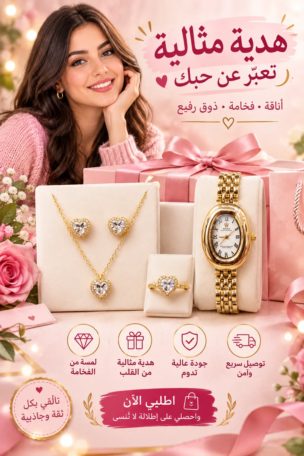 Parure Bijoux Femme Élégante Collier Bague amp Montre Dorée