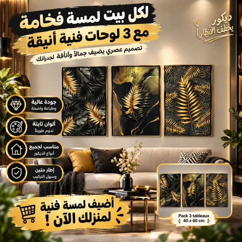 Pack 3 Tableaux d rsquo art Noir et Or 8211 Bois MDF